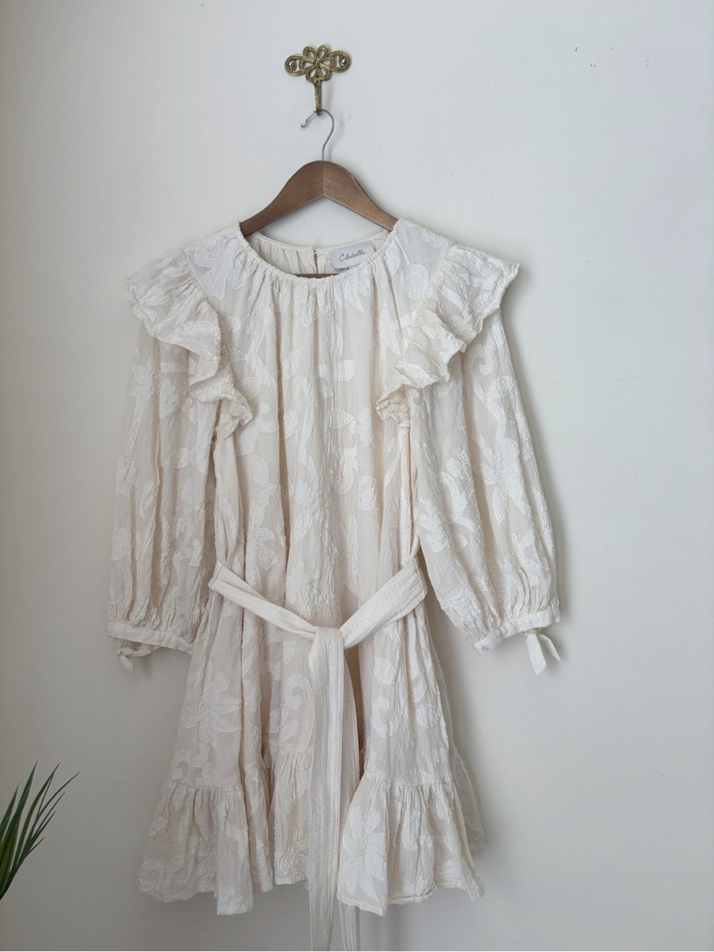 Cleobella Cream Floral Embroidered Ruffled Belted Mini Dress Medium